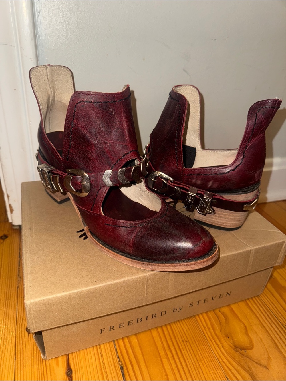 Freebird by Steven Wine Leather Cutout Ankle Boots with Metal Harness